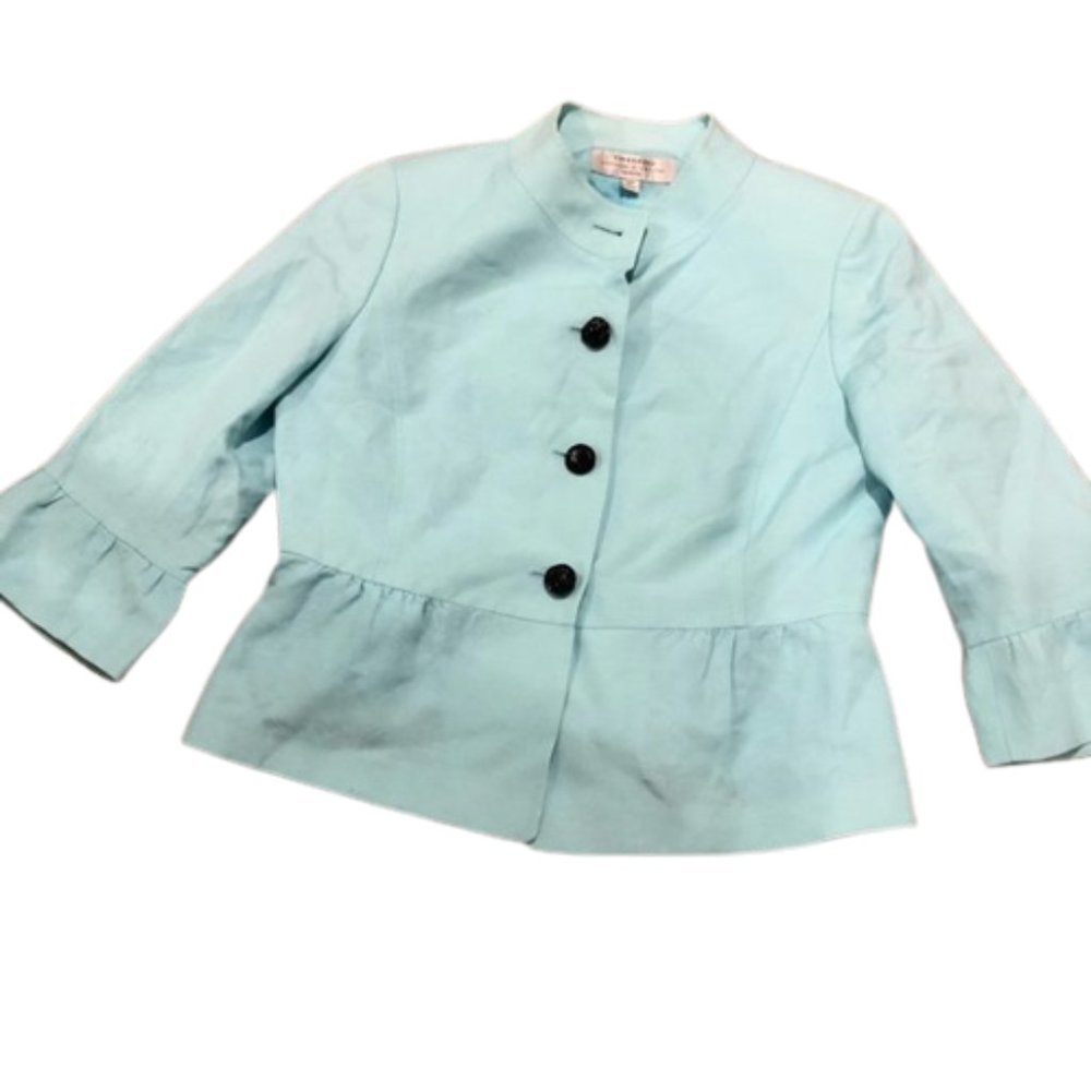 Tahari Blue Linen Blend Peplum Blazer Size 10 Petite